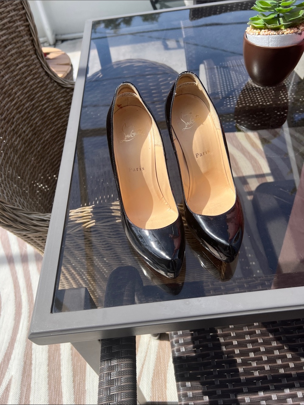 Christian Louboutin Black Patent Pointed-Toe Pumps with Signature Red Soles